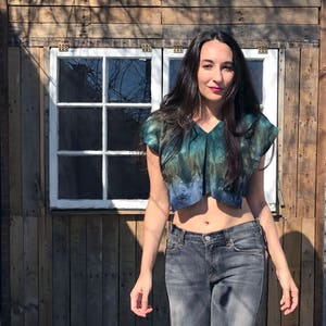 Tie-dye crop top, blue and green repurposed materials image 1