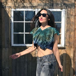 Tie-dye crop top, blue and green repurposed materials image 2