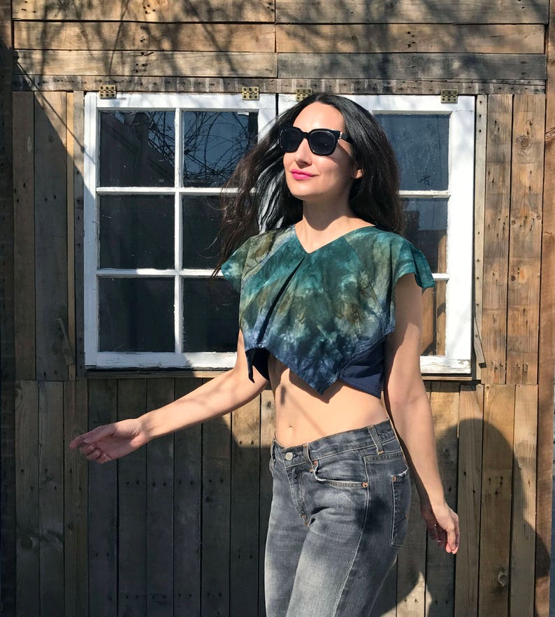 Tie-dye crop top, blue and green repurposed materials image 2