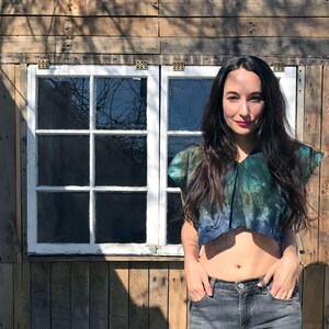 Tie-dye crop top, blue and green repurposed materials image 5