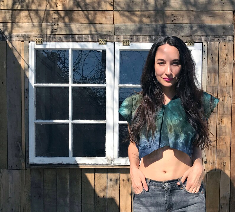 Tie-dye crop top, blue and green repurposed materials image 5