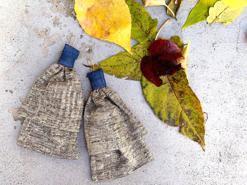 Metallic Gold & Denim Fabric Earrings ReClaimed Fabric image 3