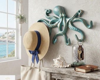 Vintage Cast Iron Octopus Wall Hook – Nautical Coastal Key Holder, Green Ocean-Inspired Wall Decor