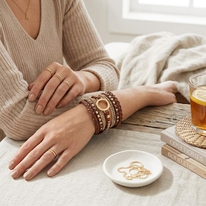 Boho Leather Wrap Bracelet for Women, Layered Cuff Bangle with Gold Circle, Multi Layer Leather Stackable Bracelet Western Jewelry Gift