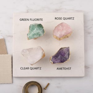 Natural Crystal Cabinet Knobs | Brass Stone Drawer Pulls | Fluorite Rose Quartz Amethyst
