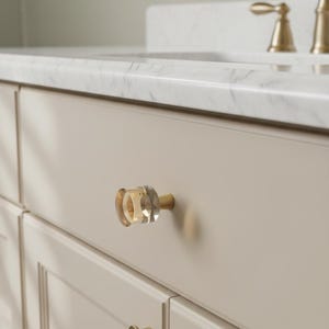 Amber Crystal Cylinder Cabinet Knob with Brass Base | Drawer Pull | Gold Hardware