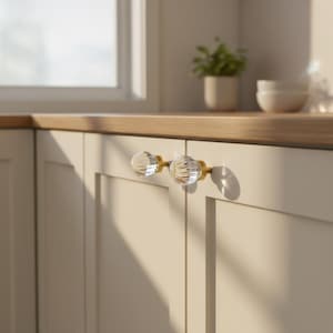 Ribbed Crystal Globe Cabinet Knobs with Brass Base | 2 Colors | Drawer Pull Hardware