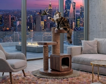 Torre rascador de lujo moderna de madera hecha a mano para gatos, condominio para gatos de varios niveles con poste rascador y centro de actividades para interiores.