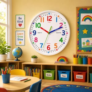 May include: A white wall clock with a large, colorful face featuring numbers 1 through 12 in various colors, minute markers, and labels for O'clock, Quarter Past, Half Past, and Quarter To, with red, blue, and green clock hands.