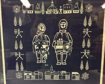 German Block Print Linen Square Christmas Couple Singing Carolers