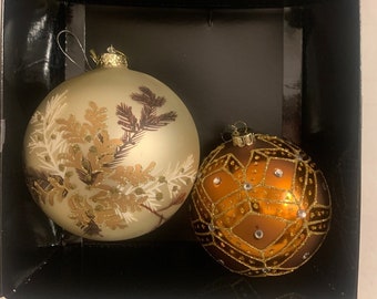 Set of 2 Large Vintage Christmas Globe Ornaments, Copper and Ivory Christmas Ornaments