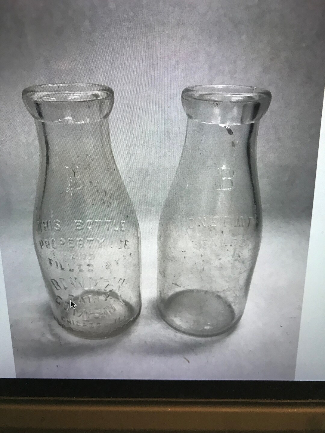 2 Dairy Glass Bottles Vintage Embossed Bowman Dairy Pint Property of
