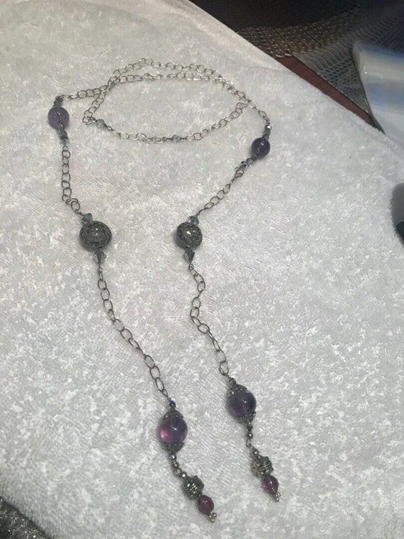 silver purple beaded filigree wrapped necklace lon