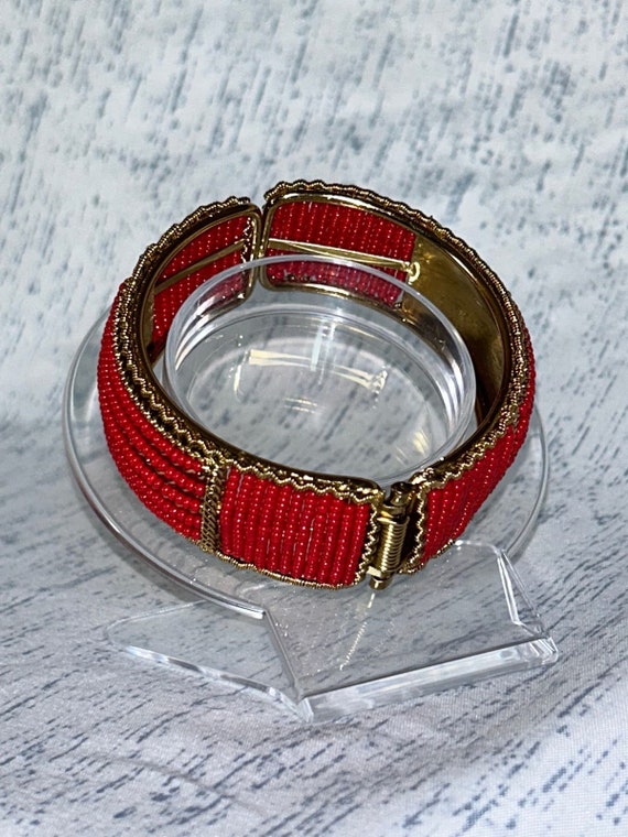 Vintage Golden Red Seed Bead Bangle Bracelet with… - image 1