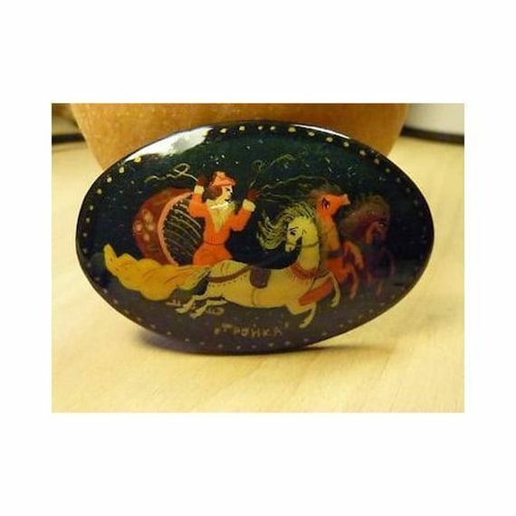 Palekh Russian Lacquer Fairy Tales Black Brooch P… - image 1