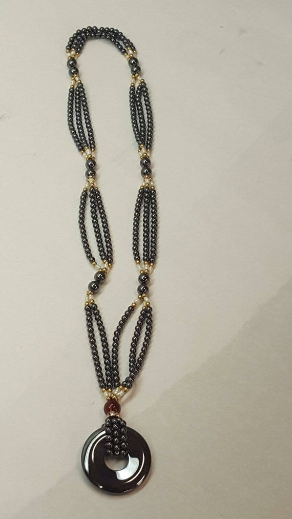 Vintage HEMATITE 3 Strand Beaded Necklace PEARL Go