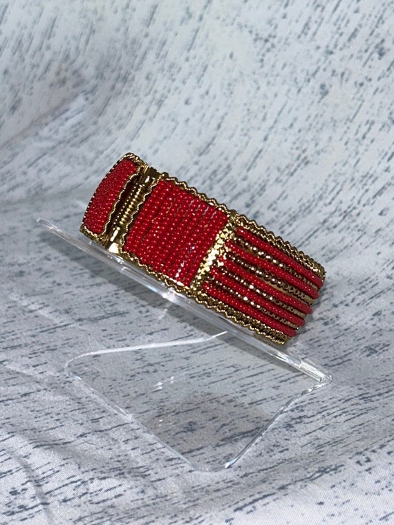 Vintage Golden Red Seed Bead Bangle Bracelet with… - image 3