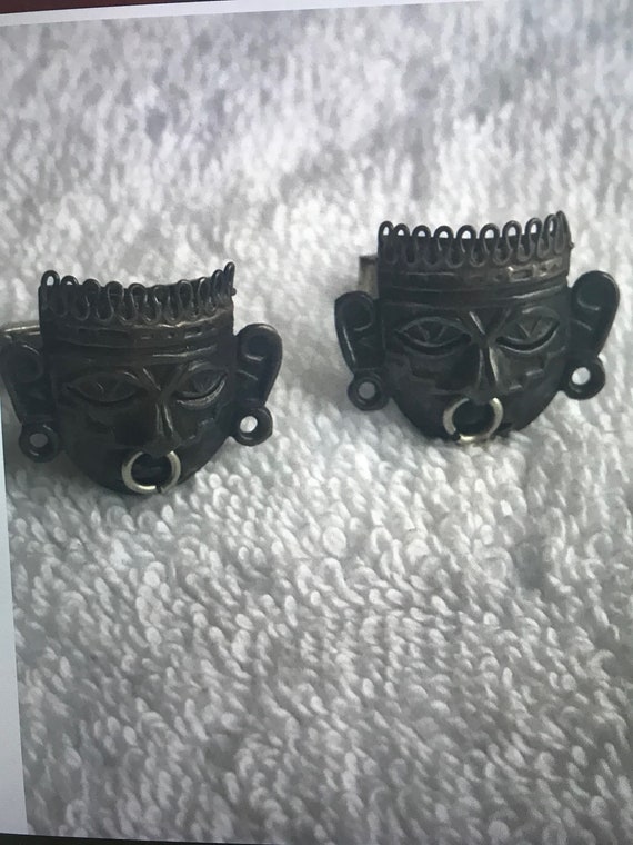 Vintage cuff links silver Tribal masks  Mexico ma… - image 1
