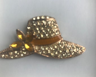 Vintage MONET Hat brooch pin in original box rhinestone gold tone metal