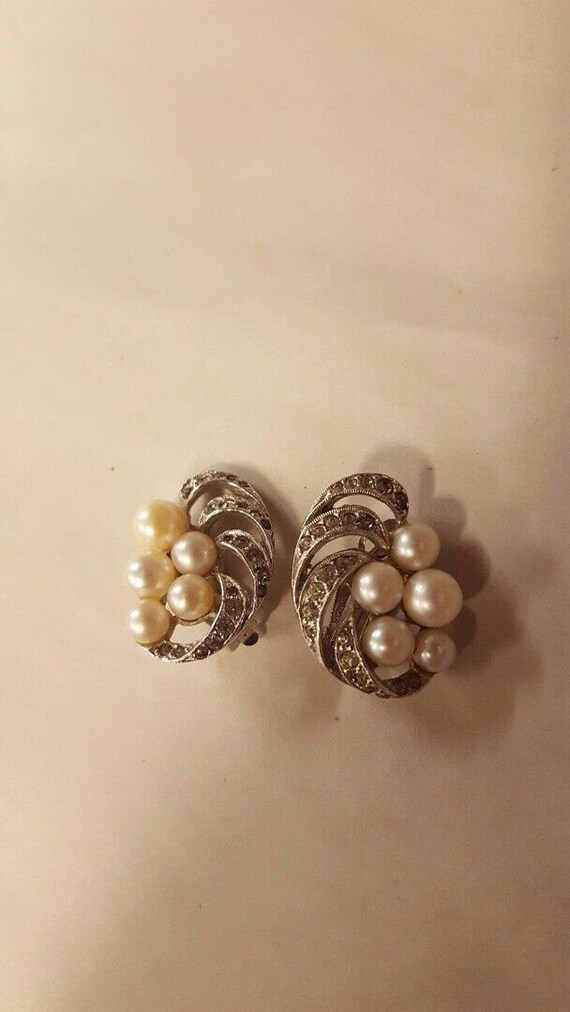 Panetta VINTAGE Silver tone Metal Clip Faux Pearl… - image 6