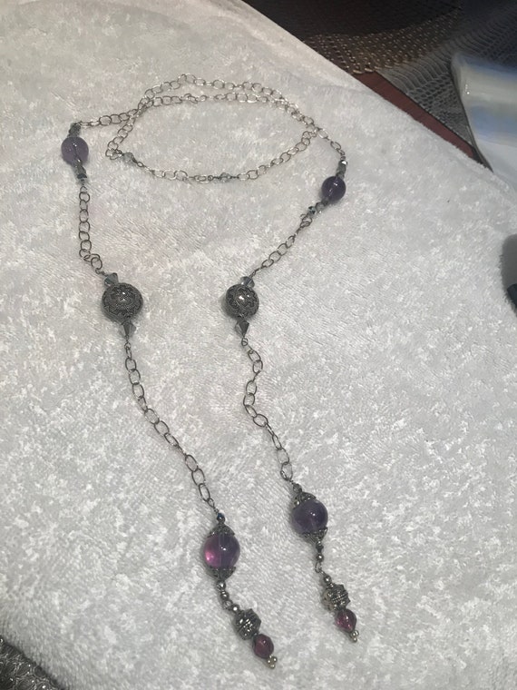 silver purple beaded filigree wrapped necklace lo… - image 1