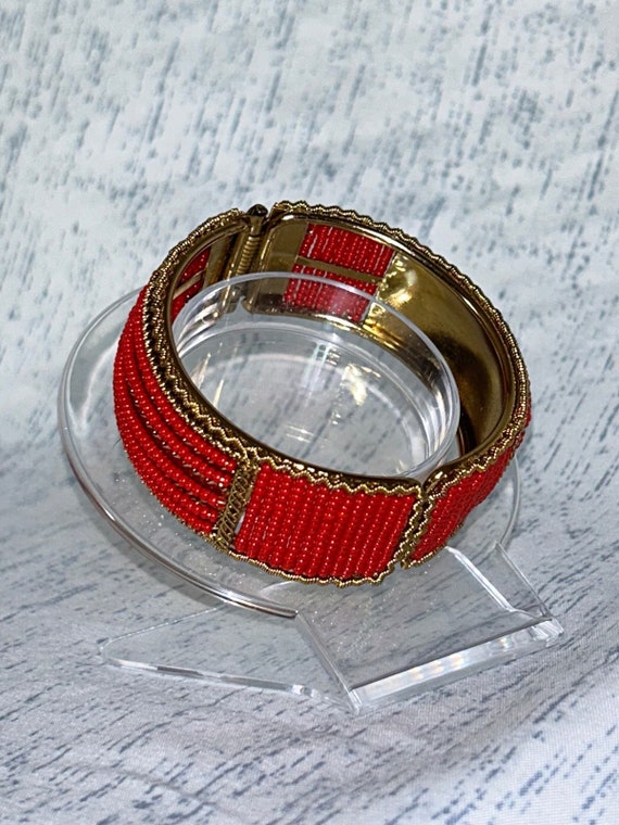 Vintage Golden Red Seed Bead Bangle Bracelet with… - image 2