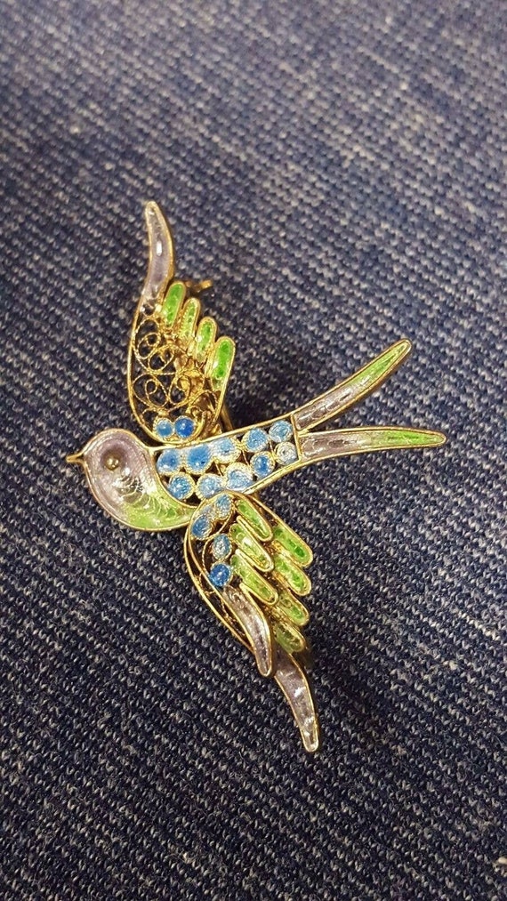 Swallow BIRD Antique PIN Brooch Enamel Blue Green 