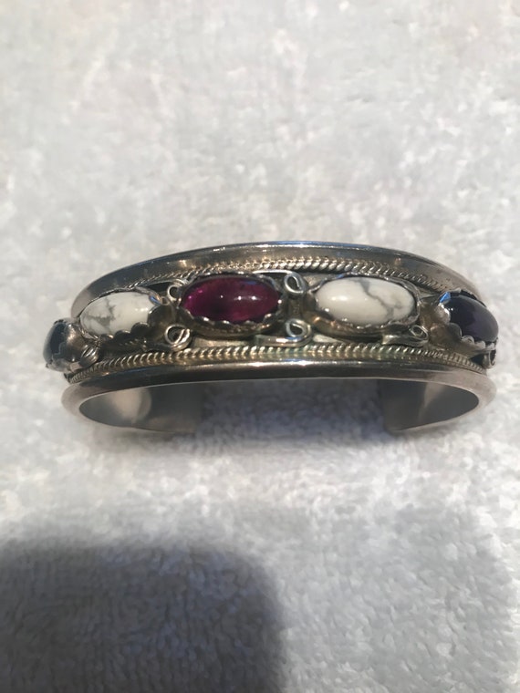 Vintage sterling silver cuff bracelet amethyst si… - image 1