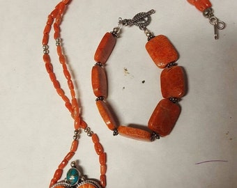 Set of Necklace & Bracelet J.A.W. Sterling Silver HEART PENDANT Orange Coral