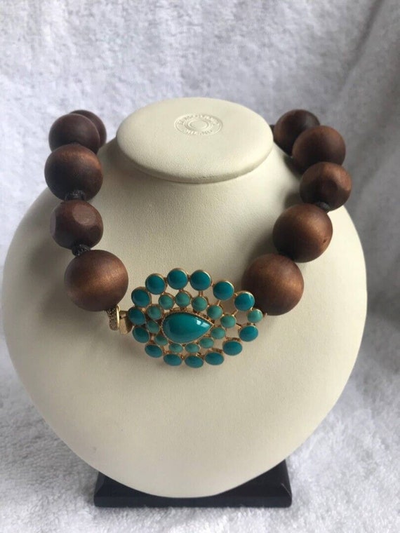Vintage Large Wood bead Necklace turquoise color p