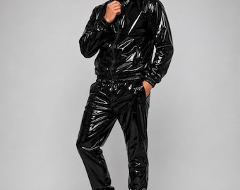 Men's Shiny Black PVC Track Suit | Glossy Vinyl Rave Clubwear Set