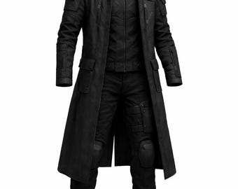 Black Tactical Hooded Coat Outfit | Futuristic Combat Jacket & Cargo Pants Set | Sci-Fi Cosplay Costume