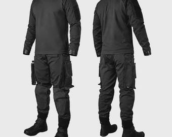All Black Tactical Suit Set – Military Inspired Utility Outfit with Pants & Shirt