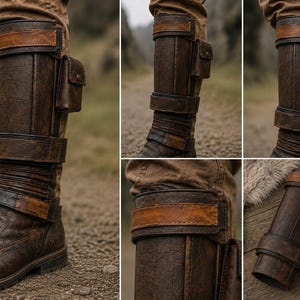 May include: A tall, dark brown leather boot featuring a structured shaft with horizontal paneling, a reinforced top strap, and a small attached utility pouch. The design includes a buckled strap across the ankle and a textured, weathered finish throughout.