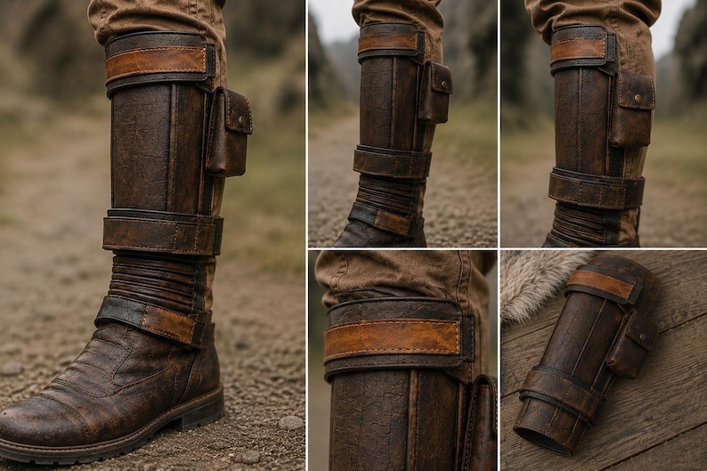 May include: A tall, dark brown leather boot featuring a structured shaft with horizontal paneling, a reinforced top strap, and a small attached utility pouch. The design includes a buckled strap across the ankle and a textured, weathered finish throughout.