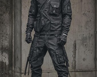 Men's Black Tactical Techwear Set, Cyberpunk Streetwear Jacket and Cargo Pants