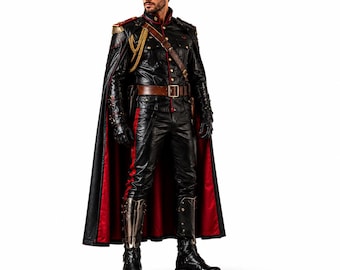 Black Leather Military Cape Costume | Gothic Commander Uniform