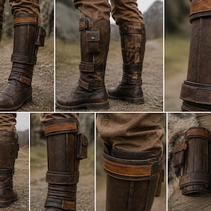 May include: Dark brown leather knee-high boots featuring a weathered texture, multiple horizontal straps with buckles, and a small rectangular pouch attached to the side of each boot. The boots have a rugged appearance with reinforced panels.