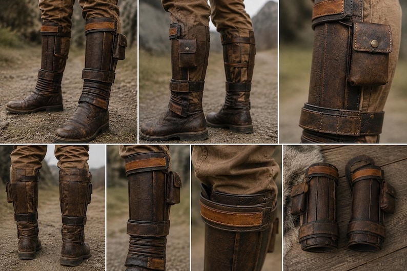 May include: Dark brown leather knee-high boots featuring a weathered texture, multiple horizontal straps with buckles, and a small rectangular pouch attached to the side of each boot. The boots have a rugged appearance with reinforced panels.