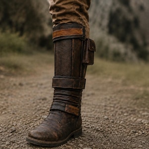 May include: A dark brown leather knee-high boot featuring a structured shaft with vertical paneling, horizontal straps with buckles, and a small rectangular pouch attached to the side. The boot has a weathered texture and a reinforced toe cap.