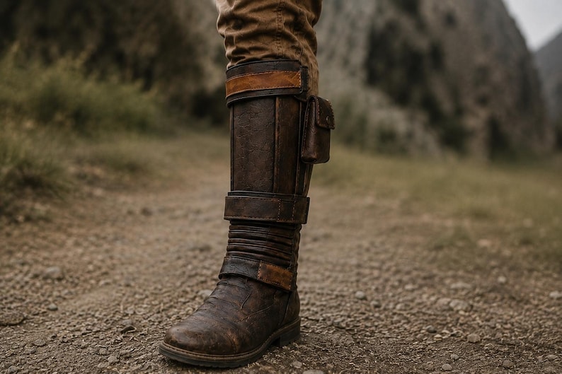 May include: A dark brown leather knee-high boot featuring a structured shaft with vertical paneling, horizontal straps with buckles, and a small rectangular pouch attached to the side. The boot has a weathered texture and a reinforced toe cap.