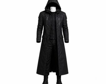 Men’s Black Hooded Tactical Long Coat – Modern Stealth Fabric Trench Coat