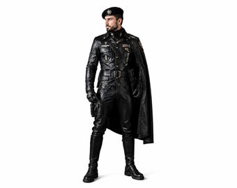 Men's Black Leather Military Officer Cosplay Costume | Gothic Commander Uniform
