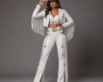 Handmade White Leather Cowboy Carter Fringes Costume - Western Style, For Girls