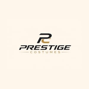 May include: A logo featuring a stylized black and gold monogram of the letters P and C above the text PRESTIGE in bold black capital letters, with the word COSTUMES in smaller gold capital letters underneath, flanked by two thin horizontal lines.
