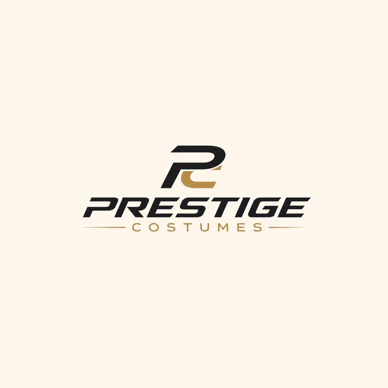 May include: A logo featuring a stylized black and gold monogram of the letters P and C above the text PRESTIGE in bold black capital letters, with the word COSTUMES in smaller gold capital letters underneath, flanked by two thin horizontal lines.