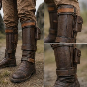 May include: A pair of dark brown knee-high boots featuring a textured finish, horizontal strap detailing, and a small rectangular pouch attached to the side of the shaft. The boots include reinforced panels and a structured design with tan accents.
