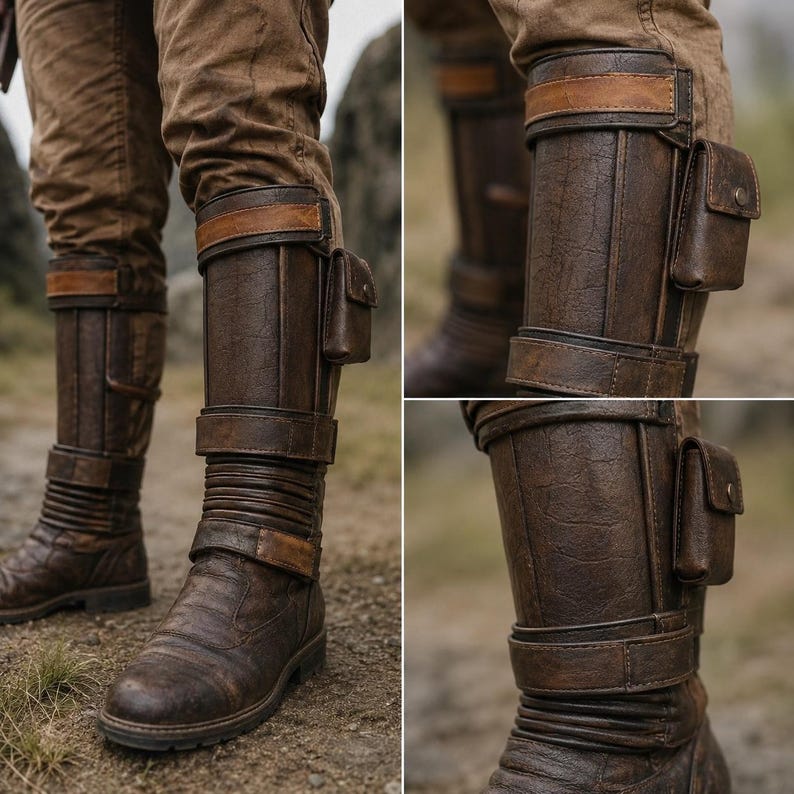 May include: A pair of dark brown knee-high boots featuring a textured finish, horizontal strap detailing, and a small rectangular pouch attached to the side of the shaft. The boots include reinforced panels and a structured design with tan accents.