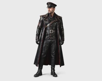 Men's Black Military Leather Trench Coat Costume