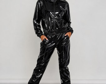 Women's Shiny Black PVC Track Suit | Glossy Vinyl Rave Clubwear Set